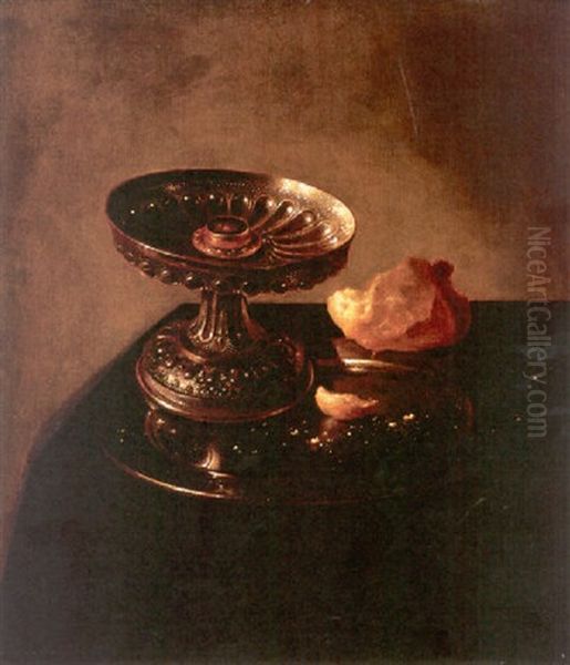 A Tazza And Bread Roll On A Pewter Plate Resting On A Draped Ledge Oil Painting by Jan Jansz Uyl the Elder