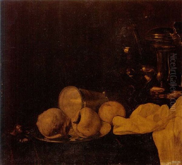 Nature Morte Au Pichet En Etain Et Fruits Sur Un Entablement Oil Painting by Jan Jansz Uyl the Elder