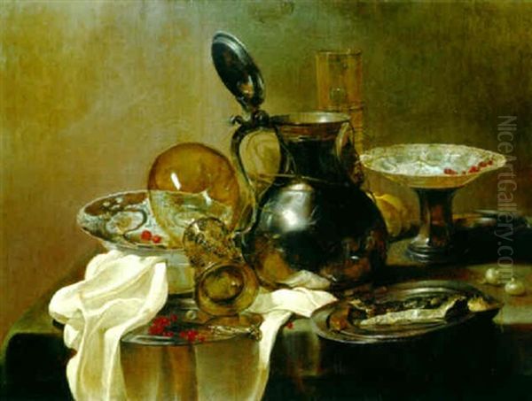 A Pewter Ewer, Overturned Roemer, Bowls, A Sliced Herring On Pewter Plates On A Partly Draped Table Oil Painting by Jan Jansz Uyl the Elder