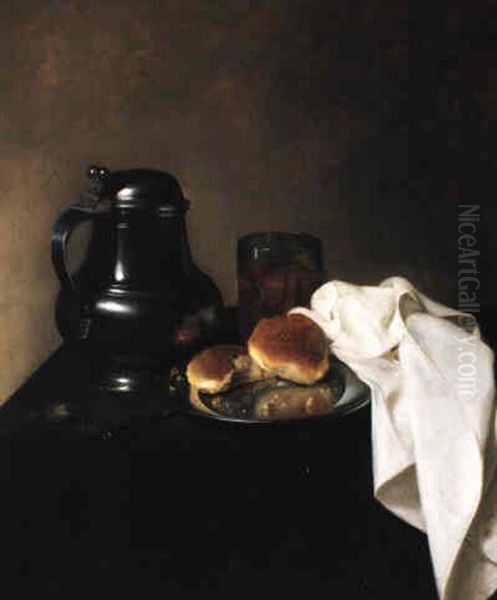 Still Life With A Pewter Flagon, Two Rolls And A Napkin (breakfast Still Life) Oil Painting by Jan Jansz Uyl the Elder