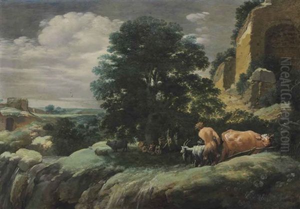 An Arcadian Landscape With Mythological Figures Oil Painting by Moyses van Uytenbroeck