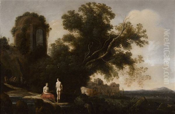 A Landscape With Two Figures In The Foreground, A Bacchic Procession In The Distance And With The Ruins Of A Temple On A Cliff Above Oil Painting by Moyses van Uytenbroeck