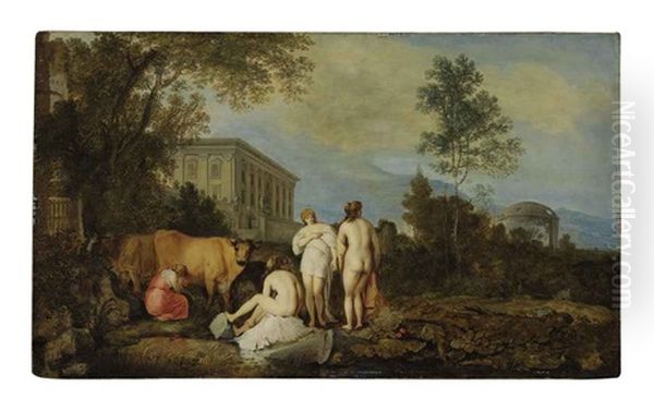 Bathers And A Milkmaid By A Palace In An Italian Landscape Oil Painting by Moyses van Uytenbroeck