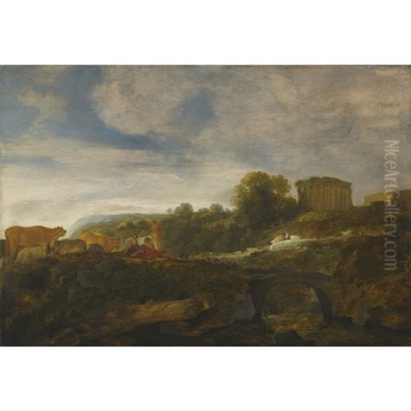 Arcadian Landscape With Resting Shepherds With Their Cattle, Antiquities Beyond Oil Painting by Moyses van Uytenbroeck