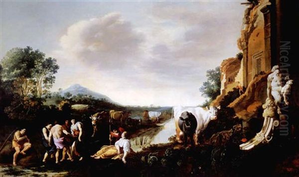 Tanzende Schafer Vor Schlossruine Oil Painting by Jan van Uyttenbroeck