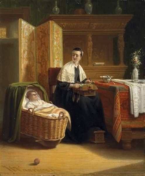 An Der Wiege. Junge Klopplerin In Der Stube, Ihren Nachwuchs Betrachtend Oil Painting by Johannes Christoffel Vaarberg