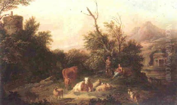 An Italianate Landscape With A Cowherd Watching Over His Livestock, Shepherdess Beside Him Cradling A Child Oil Painting by Jan van der Vaardt