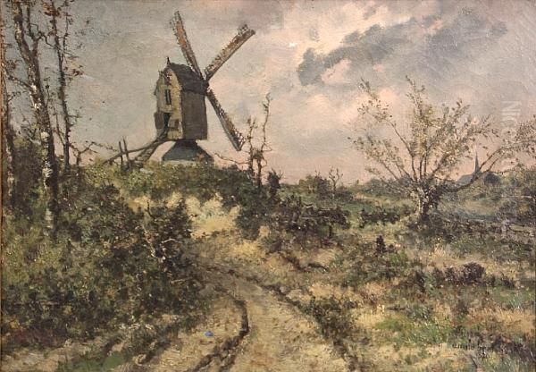 A Landscape With A Windmill Oil Painting by Emile Breton