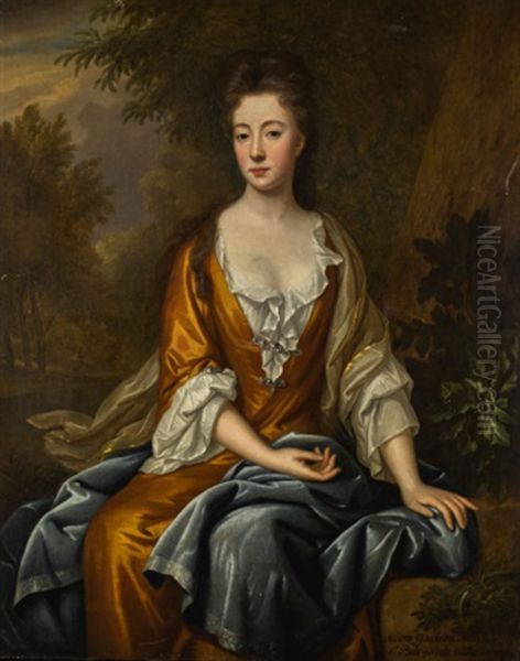 Portrait Of Meliora Gomeldon (circa 1674-1719), Three-quarter-length, Wearing An Orange Dress With Blue And White Cloak, Seated In A Landscape Oil Painting by John van der Vaart