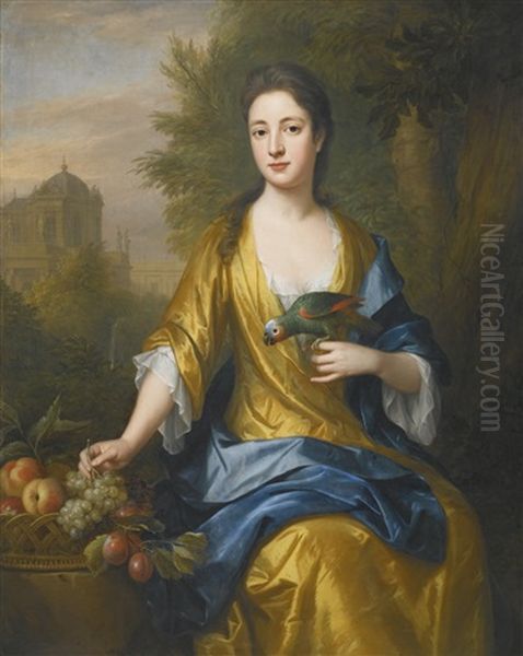 Portrait Of Miss Katherine Bristow, Holding A Parrot In Her Left Hand Oil Painting by John van der Vaart