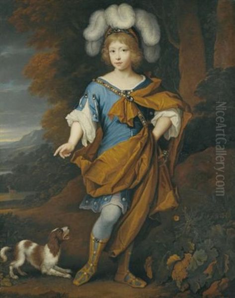 Portrait Of A Boy, Aged 6, Standing Full-length, Wearing Blue Costume With A Yellow Cloak Oil Painting by John van der Vaart