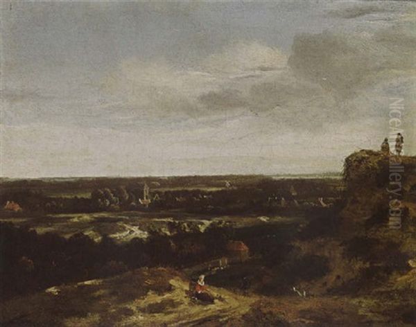 An Extensive Dune Landscape With A Woman Resting In The Foreground, And A View Of The Village Beyond Oil Painting by John van der Vaart