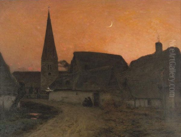 Village At Dusk Oil Painting by Emile Breton