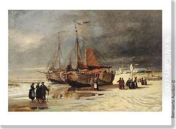 'le Retour Des Pecheurs Avant La Tempete' Toile. Oil Painting by Emile Breton