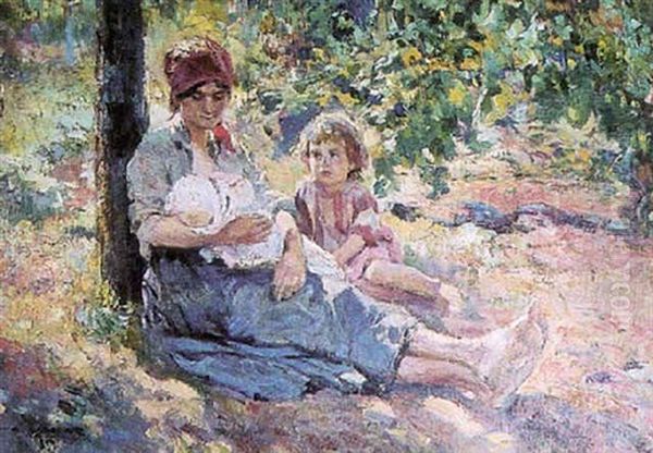 Mere Et Enfants Dans Un Parc Oil Painting by Alfredo Vaccari