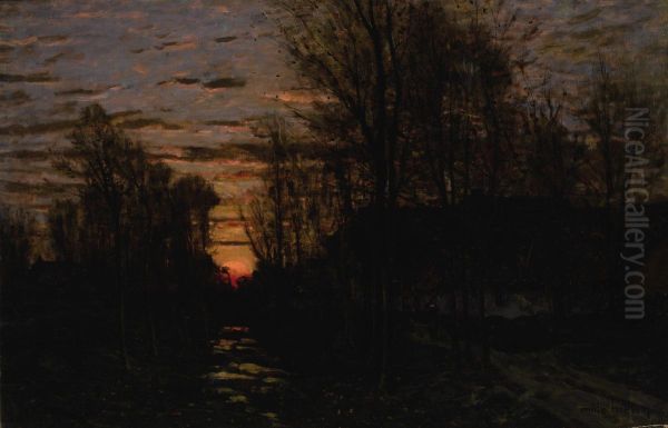 Winter Sunset Oil Painting by Emile Breton