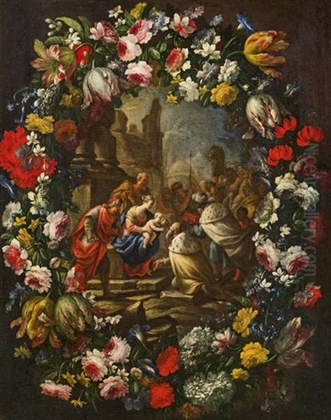 Flower-cartouche With The Adoration Of The Kings Oil Painting by Andrea Vaccaro