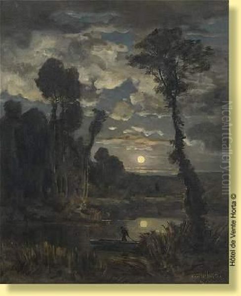 Pecheur Au Lever De Lune Oil Painting by Emile Breton