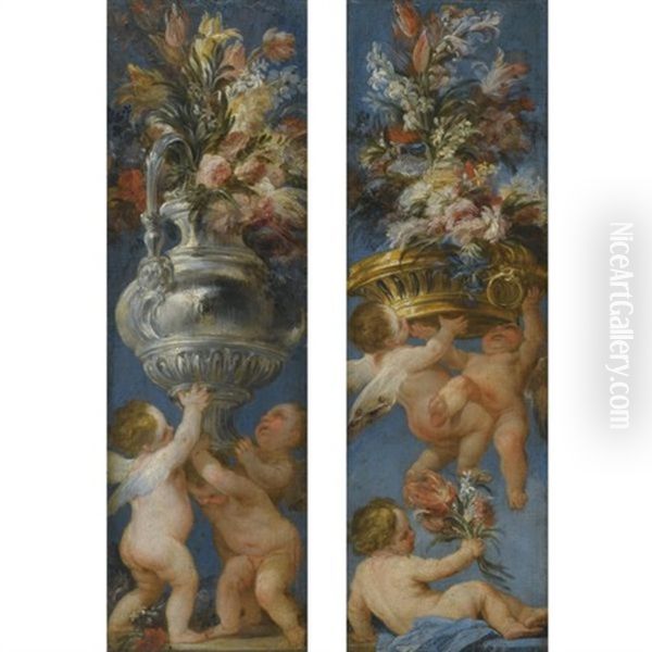 Flower Still Lives With Cavorting Putti (pair) Oil Painting by Domenico Antonio Vaccaro