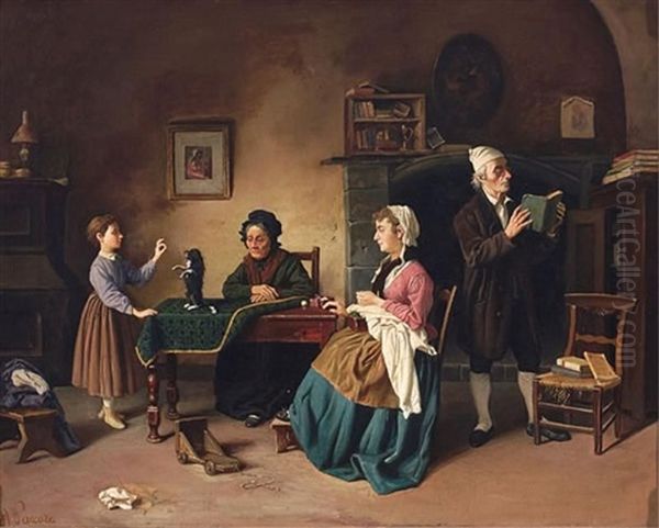 Interior With Four Figures And A Dog Oil Painting by Vincenzo Vaccaro