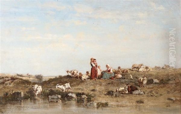 Bergeres Et Enfants Gardant Le Troupeau Oil Painting by Charles Emile Vacher De Tournemine