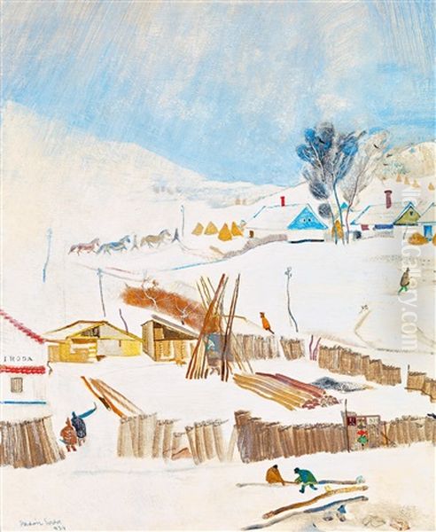 Winter Village Oil Painting by Endre Vadasz