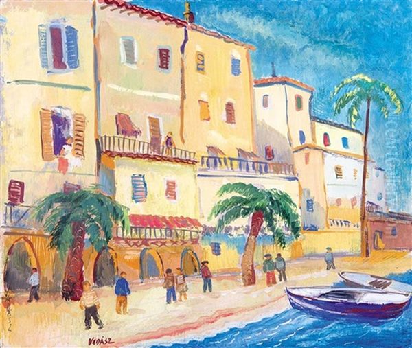 Mediterranean Harbour Oil Painting by Endre Vadasz