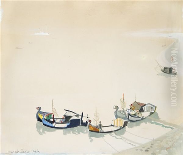 Barges On The Danube Oil Painting by Endre Vadasz