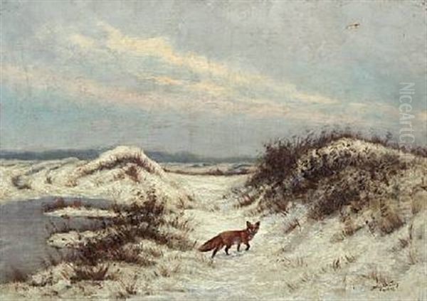 A Fox In A Winter Landscape Oil Painting by Franz De Vadder