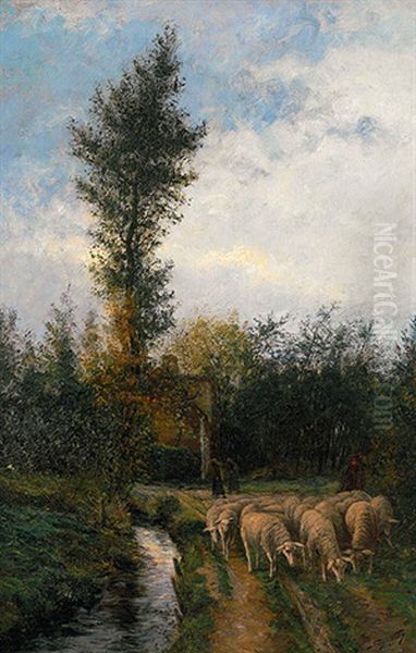 Hirte Mit Seinen Schafen Auf Dem Weg Oil Painting by Franz De Vadder