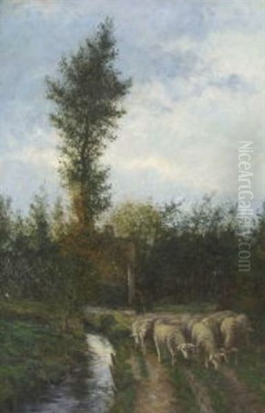 Hirte Mit Schafherde In Bachlandschaft Oil Painting by Franz De Vadder