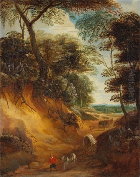 A Hilly Landscape With Travellers And A Wagon On A Path Oil Painting by Lodewijk De Vadder