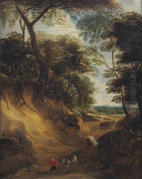 A Wooded Landscape With Wagons Passing Through A Hollow, Sandy Road Oil Painting by Lodewijk De Vadder