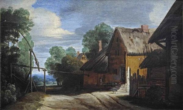 Farmhouses On A Sandy Road Near A Well Oil Painting by Lodewijk De Vadder