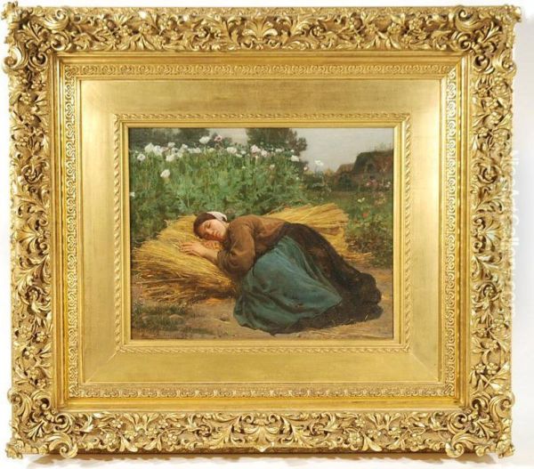 Woman Asleep On Hay Oil Painting by Jules Breton