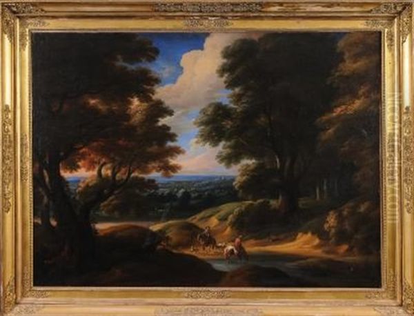 An Upland Wooded Landscape, Horsemen And Dogs Resting By A Stream In The Foreground, Extensive Vista Beyond Oil Painting by Lodewijk De Vadder