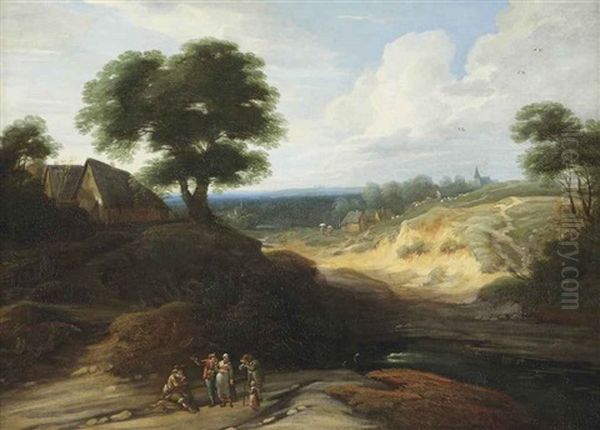 A Hilly Landscape With Figures Conversing On A Track, A Shepherd And His Cattle Beyond Oil Painting by Lodewijk De Vadder