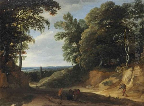 A Wooded Landscape With Figures On A Path, A Village Beyond Oil Painting by Lodewijk De Vadder