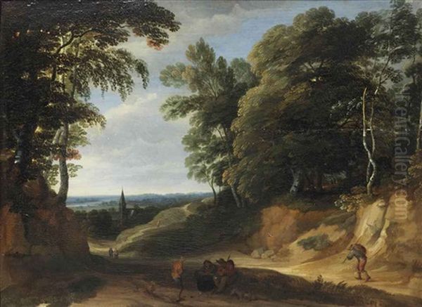 A Wooded Landscape With Figures On A Path, A Village Beyond Oil Painting by Lodewijk De Vadder