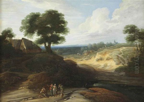 A Hilly Landscape With Figures Conversing On A Track, A Shepherd And His Cattle In The Distance Oil Painting by Lodewijk De Vadder