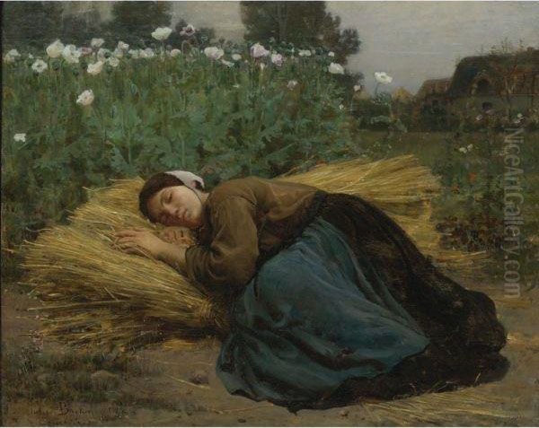 Jeune Moissonneuse Endormie Sur Des Gerbes De Ble Oil Painting by Jules Breton