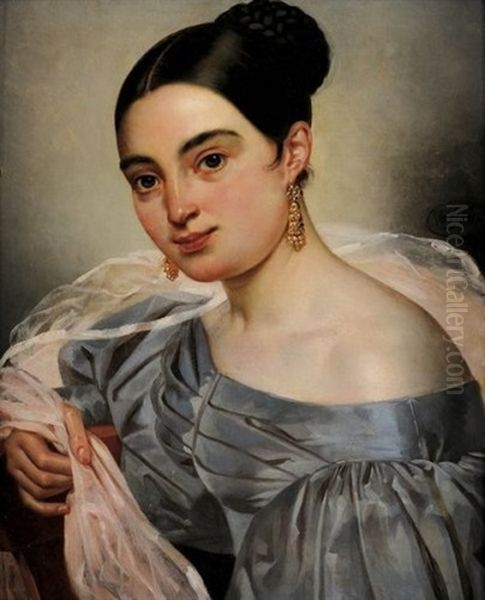 Portrait De Jeune Femme Au Voile Rose by Pierre Antoine Augustin Vafflard