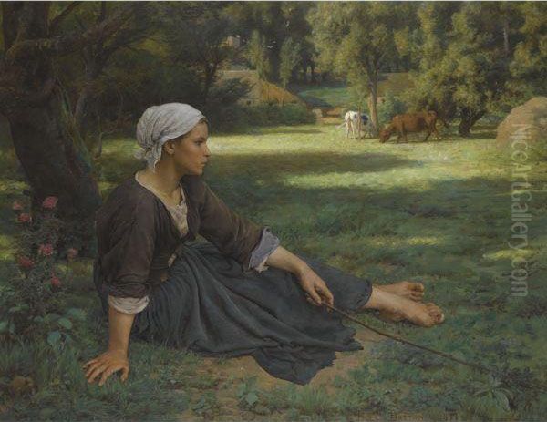 Jeune Fille Gardant Des Vaches Oil Painting by Jules Breton