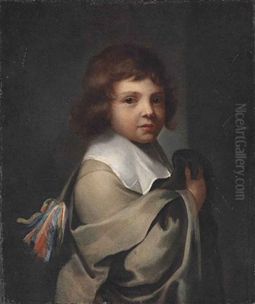 Portrait Of A Boy, Half-length, In A Grey Cloak And White Collar Oil Painting by Jacques Vaillant