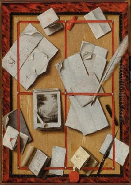 A Trompe L'oeil Still Life With Letters, A Notebook, A Drawing, A Quill, A Letter Opener And Red Sealing Wax Oil Painting by Wallerant Vaillant