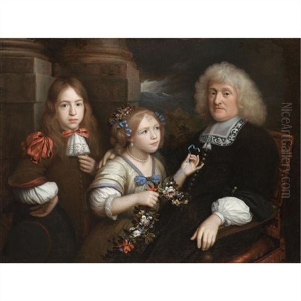 A Family Portrait With A Father Seated In A Landscape Together With His Son And Daughter Oil Painting by Wallerant Vaillant