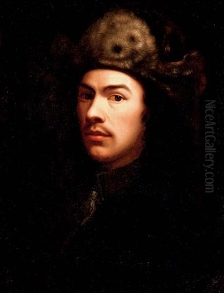 Portrait Of A Man, Possibly A Self-portrait, In A Black Coat And Fur Hat Oil Painting by Wallerant Vaillant