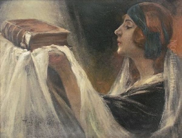 Dame Mit Buch Oil Painting by Sigmund Vajda