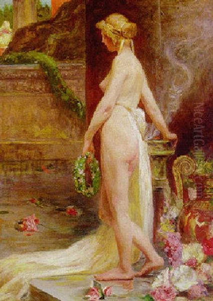 A Female Nude In An Interior Oil Painting by Sigmund Vajda