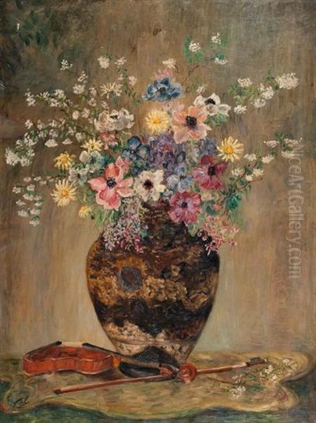 Bouquet De Fleurs Et Violon Oil Painting by Valentine Synave Nicolaud (Fray) Val